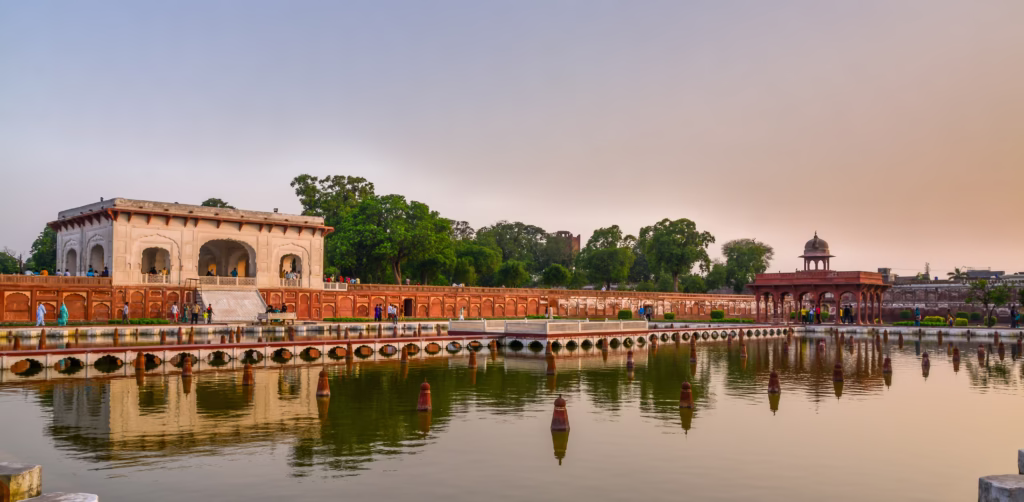 Shalimar Gardens water channel and central pavilion from above, showing the three-tier structure.